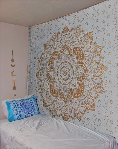 Miniatura 2 de GDONLINE Tapiz de mandala dorado teñido para dormitorio, tapiz de pared hippie para decoración de habitación, tapiz de algodón bohemio, tapiz indio