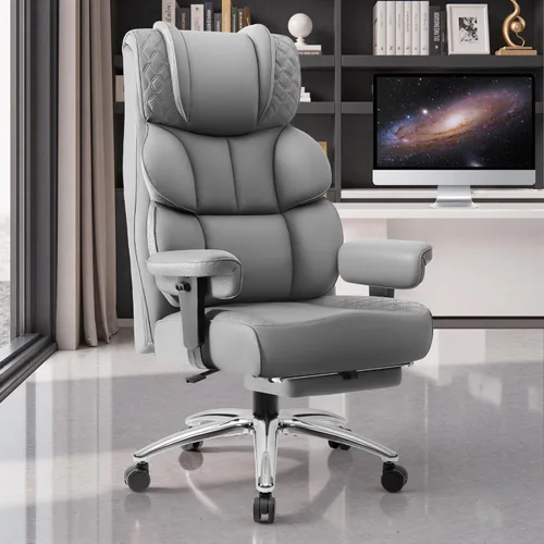 BestGlory Silla de escritorio de oficina, silla de juegos de cuero grande y alta con reposapiés, sillas de computadora reclinables ejecutivas Gris