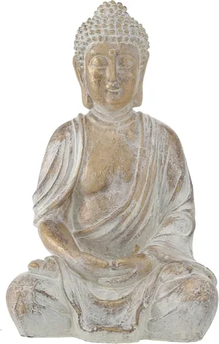 WHW Whole House Worlds Buda Golden Temple, pátina gris suave de 12.25 pulgadas de alto, estatua sentada detallada, reproducción de calidad de museo