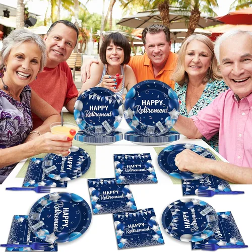 Miniatura 6 de gisgfim 96 piezas de platos y servilletas para fiesta de jubilación, suministros de fiesta, vajilla de mesa de fiesta de jubilación feliz