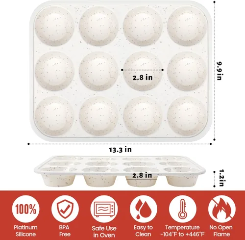 Miniatura 4 de CAKETIME Molde de silicona para magdalenas, marco reforzado de metal, tamaño regular, molde para magdalenas fácil de mover antiadherentes, 12 tazas