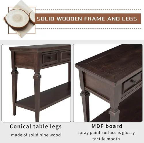 Miniatura 3 de Mesa consola de 50 pulgadas, estilo retro clásico, con 3 cajones de almacenamiento y estante inferior, mesa auxiliar estrecha de madera maciza