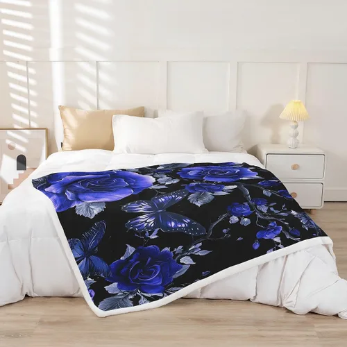 Miniatura 2 de Manta de franela azul rosa para todas las estaciones, manta de cama gótica de mariposa para decoración del hogar kawaii, manta rústica con flores