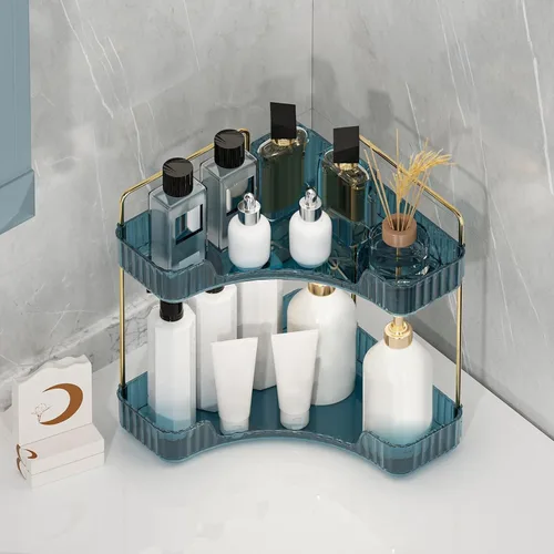 Miniatura 4 de Organizador de esquina para encimera de baño, estante de baño, organizador de maquillaje para tocador, bandeja de perfume para almacenamiento en Azul