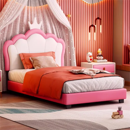 Bonita cama de princesa tapizada de tamaño individual con cabecera corona, plataforma de piel sintética rosa para niños y niñas, no requiere somier