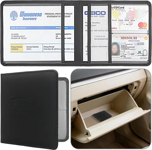 Miniatura 13 de Soporte para Registro y Seguro de Auto, Organizador de Guantera de Vehículo de Piel Sintética Premium - para Licencia de Conducir, Tarjetas y Negro