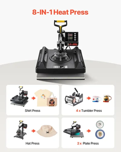 Miniatura 2 de VEVOR Máquina de prensa de calor 8 en 1 de 15 x 15 pulgadas, prensa de camisetas oscilante de 360°, transferencia de calor digital profesional por