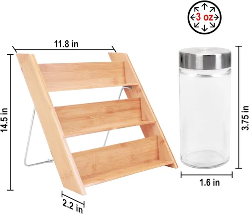 Miniatura 8 de Orii Organizador compacto de especias de bambú de 18 tarros para encimera y cajón de cocina, lleno de especias, programa