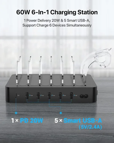 Miniatura 2 de SooPii - Estación de carga PD de 6 puertos para múltiples dispositivos, carga rápida USB C PD de 20 W para iPhone 14/13/12, incluye 6 cables cortos