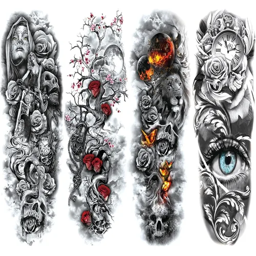 Miniatura 11 de Manga de Tatuaje Temporal de León y Leopardo para Hombres y Mujeres, Manga Completa Grande de Bosque Negro Lobo Tribal, Tatuajes Falsos de Duración
