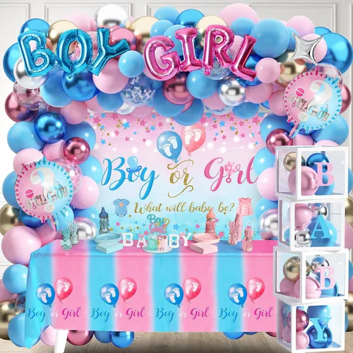 Miniatura 6 de Juego de 92 piezas de decoración de revelación de género y caja de bebé con letras para niño o niña, suministros para fiestas de revelación