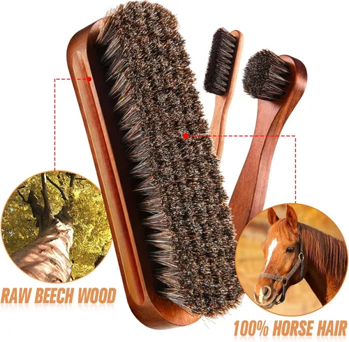 Miniatura 2 de Kit de 4 cepillos para zapatos de pelo de caballo, aplicadores de limpieza de piel, botas, cepillos de cuidado de gamuza con paño de microfibra