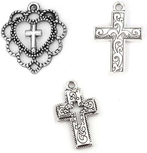 JGFinds Colgantes con dije de cruz – Paquete de 130 (30 de corazón, 50 de cada una de las cruces) aspecto de filigrana de estilo antiguo, tono