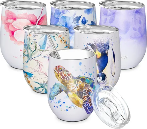 THILY Vaso de vino de acero inoxidable aislado sin tallo con tapa y popote, bonita taza de viaje que mantiene el frío para café, cócteles, colección
