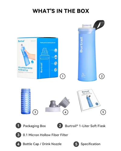 Miniatura 8 de Botella de filtro de agua plegable de 1.0 L, sin BPA, ultraligera y duradera, con cartucho de tapa de filtro de 1.654 in, botella de agua filtrada