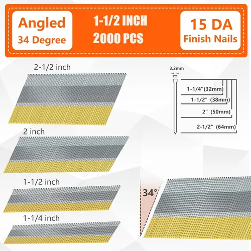 Miniatura 2 de Clavos de acabado en ángulo DA de calibre 15, 34 grados, 1-1/2 pulgadas, 2000 unidades galvanizadas, para clavadora neumática y eléctrica