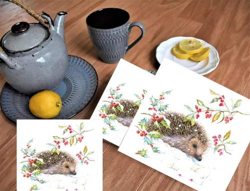 Miniatura 2 de Servilletas de papel de erizo de 20 unidades de 13 x 13 pulgadas para decoupage con diseños de animales y acebos