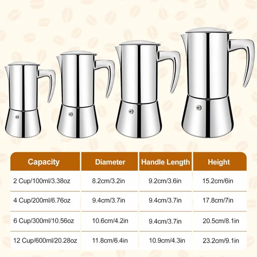 Miniatura 2 de Sin revestimiento 4 tazas de acero inoxidable 304 espesado Moka Pot Estufa Cafetera de café italiano 6.8 fl oz 6.8oz Adecuado para estufa