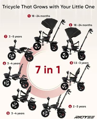 Miniatura 2 de RIDYEE Triciclo 7 en 1 para 18 meses a 5 años, neumáticos de goma todo terreno, frenos de doble rueda, asiento giratorio para niños pequeños de 1.5