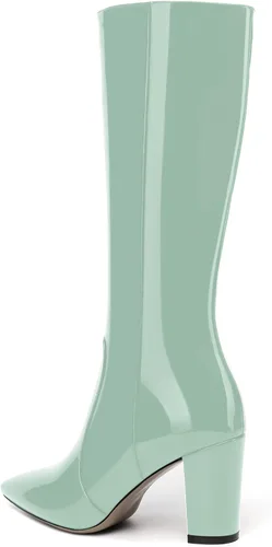 Miniatura 161 de AMBELIGHT Botas altas hasta la rodilla con cremallera y puntera puntiaguda para mujer, de patente sólida, tacón alto, 3.3 pulgadas