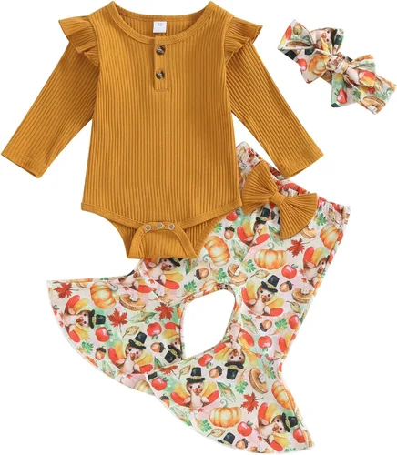 Kuriozud Conjunto de mameluco con volantes para bebé recién nacida, con volantes, lindo conjunto de pantalones acampanados con diadema