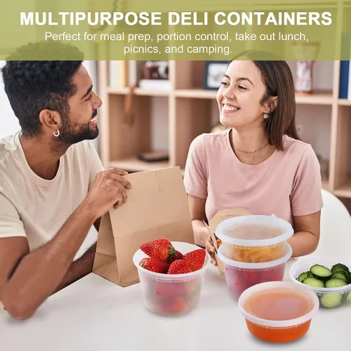 Miniatura 7 de Ezalia Recipientes de delicatessen con tapas, 50 juegos, recipientes de plástico para sopa de 16 onzas, 8 onzas, recipientes transparentes