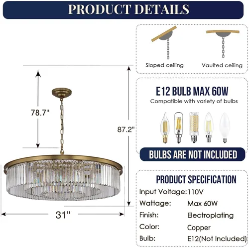 Miniatura 5 de Candelabro grande de cristal moderno de lujo, lámpara de techo colgante de oro antiguo para comedor, sala de estar, 12 luces, 3 niveles