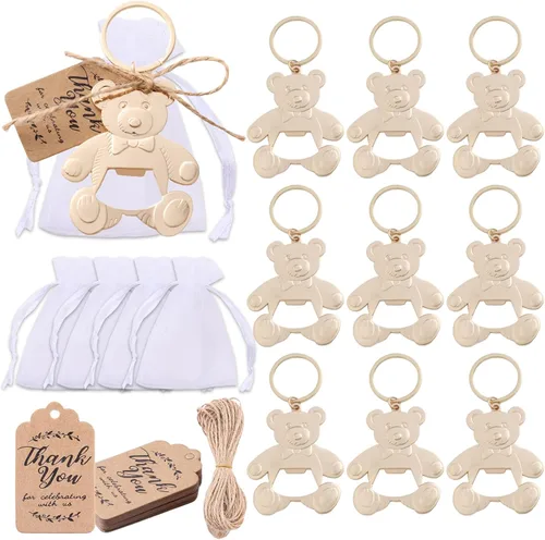 Abrebotellas para baby shower, recuerdos de devolución para invitados, bonitos abrebotellas y recuerdos con bolsas de organza, etiquetas para