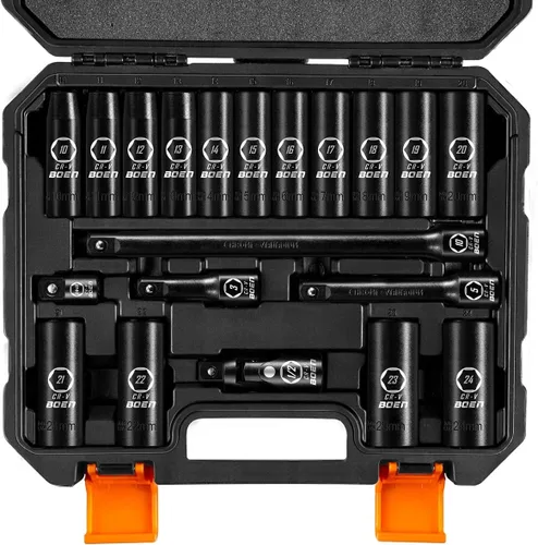 BOEN Juego de llaves métricas de impacto profundo de 1/2 pulgada, juego de 20 piezas de acero Cr-V de 0.394 a 0.994 pulgadas, incluye barras de