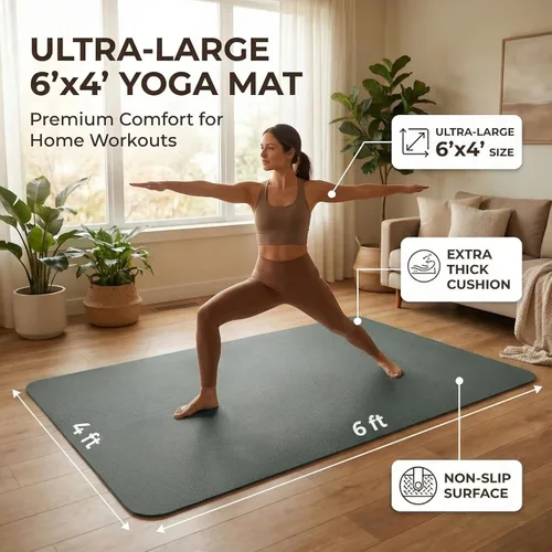 Miniatura 2 de Esterilla grande de yoga de 6'x 4' (72"x 48") — Esterilla de ejercicio extra ancha de 1/4" y 1/3" de 183cm x 122cm, gran esterilla de ejercicio