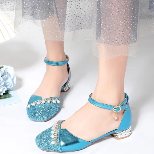 Miniatura 6 de Zapatos de vestir para niñas, tacones altos, zapatos planos para niños pequeños, zapatos de flores con purpurina brillante, para fiesta, boda