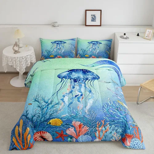 Miniatura 12 de Juego de edredón de ballena individual, juegos de ropa de cama retro con temática náutica para decoración de dormitorio, edredón de plumón de vida
