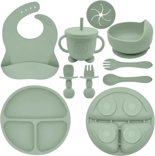 Miniatura 13 de Juego de Alimentación de Silicona para Bebés Suministros de Destete Dirigido por el Bebé Incluye Tazones con Ventosa y Platos Divididos, Babero