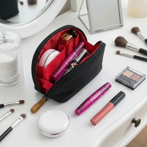 Miniatura 2 de Bolsa de cosméticos media luna Hekyip, neceser de maquillaje para viajes, neceser impermeable portátil para niñas y mujeres, pequeña (TODO NEGRO)