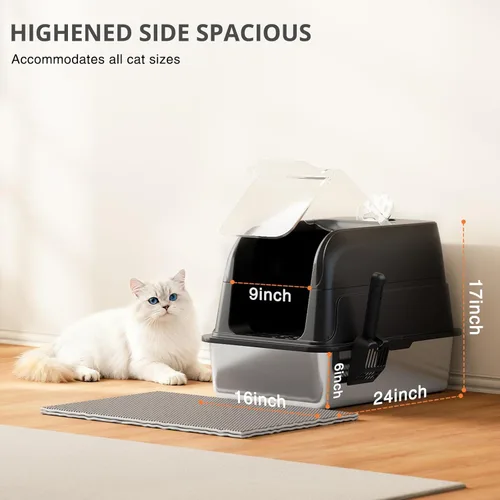 Miniatura 4 de Caja de arena para gatos de acero inoxidable con tapa, caja de arena grande XL cerrada para gatos de alta cara, caja de metal para gatos con tapa