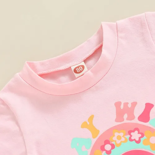 Miniatura 3 de Toddler Summer Clothes Baby Girl Bell Bottom Outfit Short Sleeve Rainbow Print T-shirt Tops+Floral Flare Pant Set