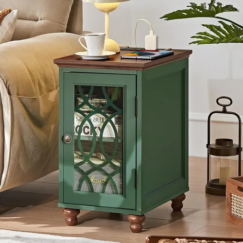 Miniatura 31 de Joaxswe Mesa auxiliar estrecha con puerta de cristal, mesita de noche de 18 x 14 pulgadas con estante ajustable, organizador de gabinete