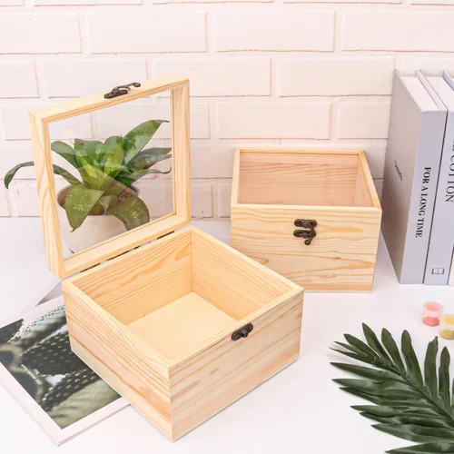Miniatura 6 de 4 cajas de madera sin terminar con ventana, caja de madera para manualidades y almacenamiento con tapa superior de plástico, para recuerdos