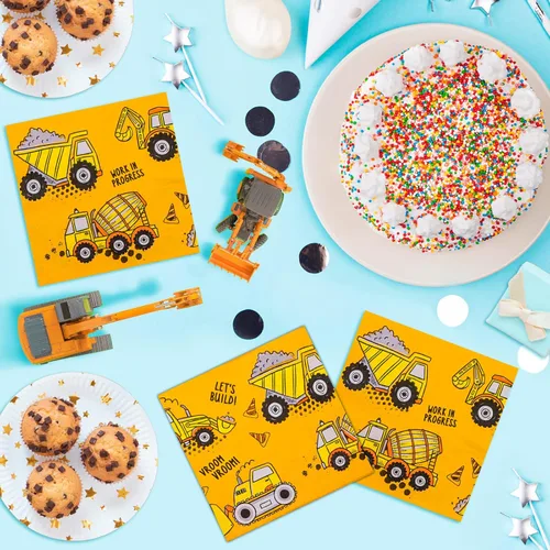 Miniatura 7 de DYLIVeS Servilletas de fiesta con temática de construcción, servilletas de fiesta de cóctel, servilletas de papel desechables de tractor amarillo
