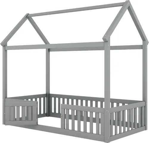 Miniatura 5 de Merax Cama de madera de tamaño individual con valla y puerta, marco de cama de madera con techo para adolescentes, niños o niñas, gris