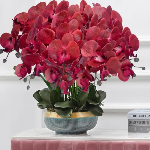 Miniatura 5 de FagusHome Phalaenopsis - 6 piezas de flores artificiales de orquídea con 4 paquetes de hojas, plantas con tallo para decoración del hogar (rojo)