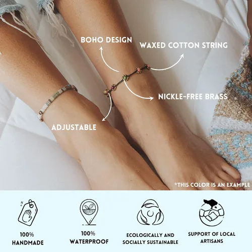 Miniatura 9 de Made by Nami Tobillera bohemia para surfista, impermeable y ajustable, con cuentas para mujer, hecha de cuerda de algodón encerado y cuentas