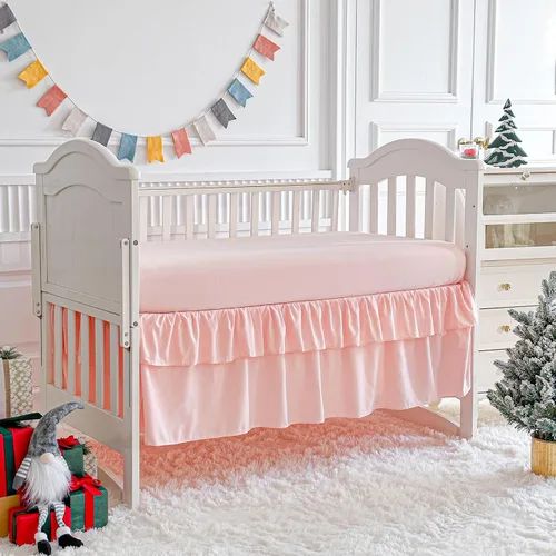 Miniatura 6 de Juego de ropa de cama rosa para cuna, edredón jacquard con lunares copetudos, sábana bajera y falda de cama, bonito bordado, bohemio, shabby chic