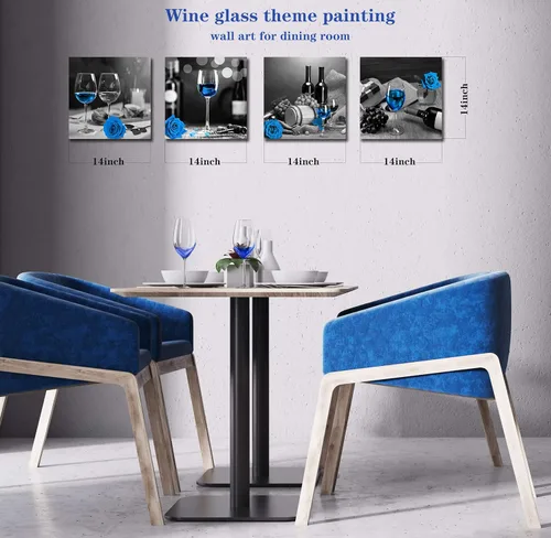 Miniatura 7 de Arte de pared de vino azul - Decoración de pared de cocina - Arte de pared moderno para sala de estar, obra de arte de rosa azul, 4 lienzos