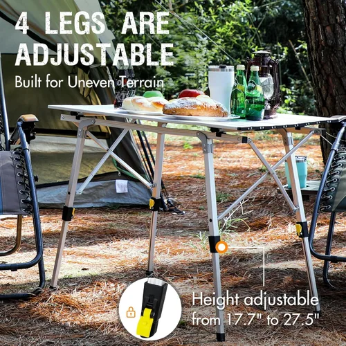 Miniatura 4 de Portal Mesa de Camping Plegable de Aluminio para Exteriores, Mesa de Picnic Portátil con Altura Ajustable, Top de Malla Enrollable, Plata Plateado