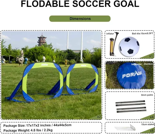 Miniatura 3 de Porayhut Juegos de portería de fútbol y pelotas desplegables para entrenamiento, juego de 2, fácil montaje con bolsa de transporte compacta, regalo