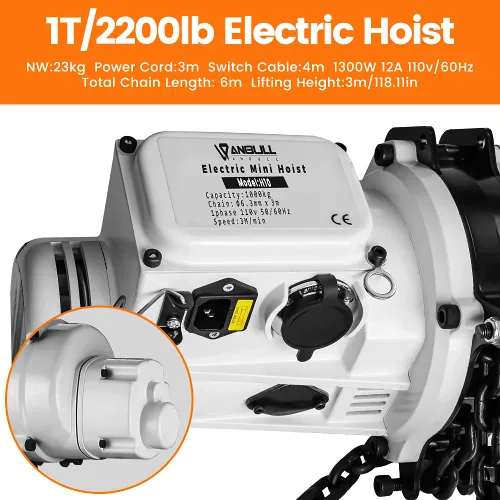 Miniatura 3 de ANBULL Polipasto Eléctrico de Elevación de Cadena FEC de 2200 libras Polipasto de Grúa Aérea Monofásica, Polipasto de Doble Cadena Carburizada Grado