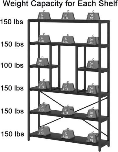 Miniatura 7 de LVB - Estantería alta de 6 niveles en negro, moderna y amplia estantería de almacenamiento, estante de madera y metal industrial de 6 estantes