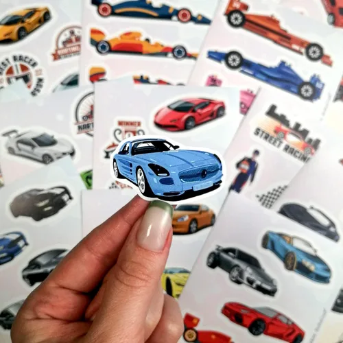Miniatura 3 de BulbaCraft 100 calcomanías para autos de carreras, calcomanías y calcomanías de carreras, suministros de fiesta de autos de carreras, regalos