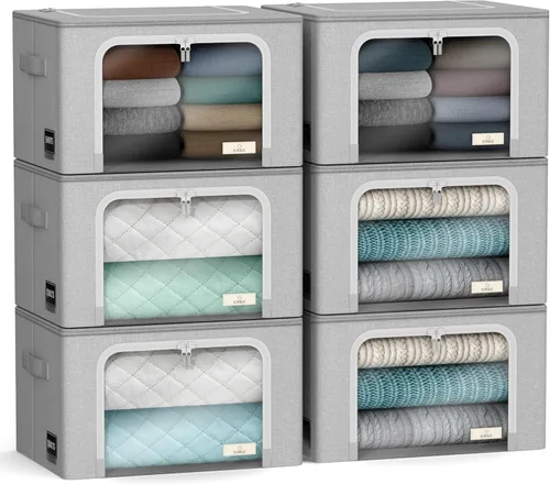 Miniatura 12 de Contenedores de almacenamiento con marco de metal, bolsas organizadoras de ropa apilables y plegables, contenedores de almacenamiento de tela Oxford